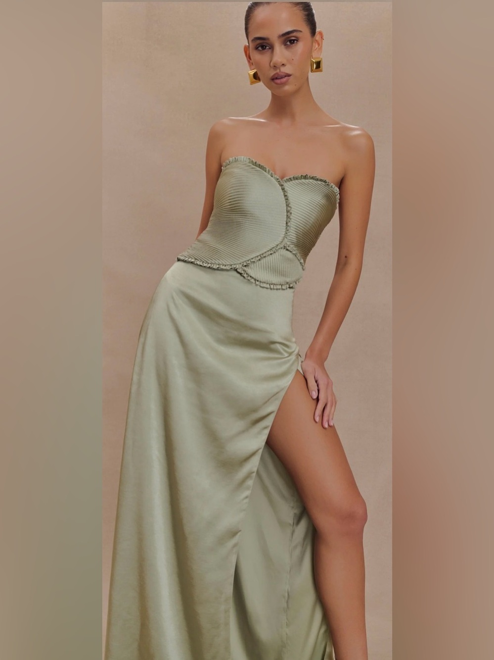 Meshki Larissa Satin Maxi Dress With Ruched Petals - Sage